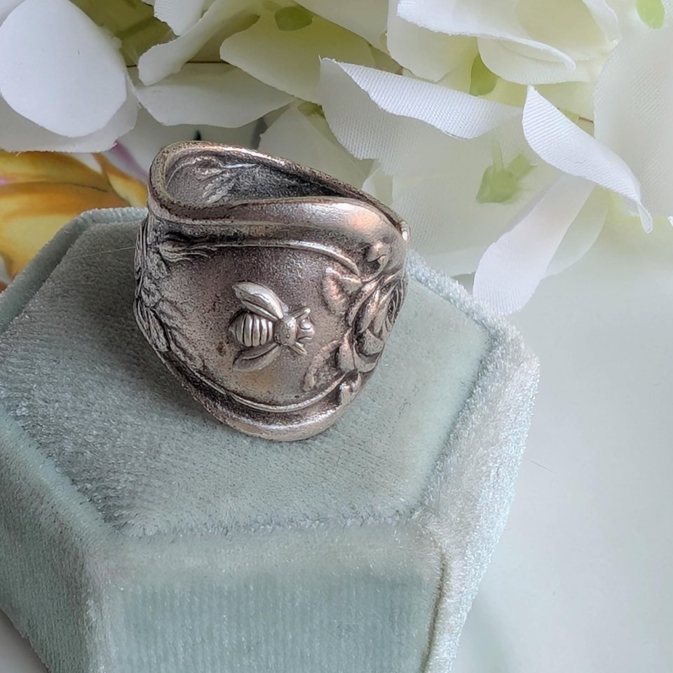 Silver Plated Spoon Ring: Bee & Flower, Adjustable Boho Ring