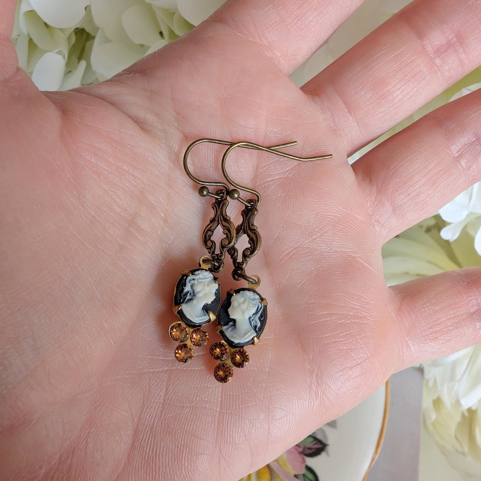 Victorian Style Cameo Earrings, White on Black with Antiqued Brass and Cognac Crystal Accents