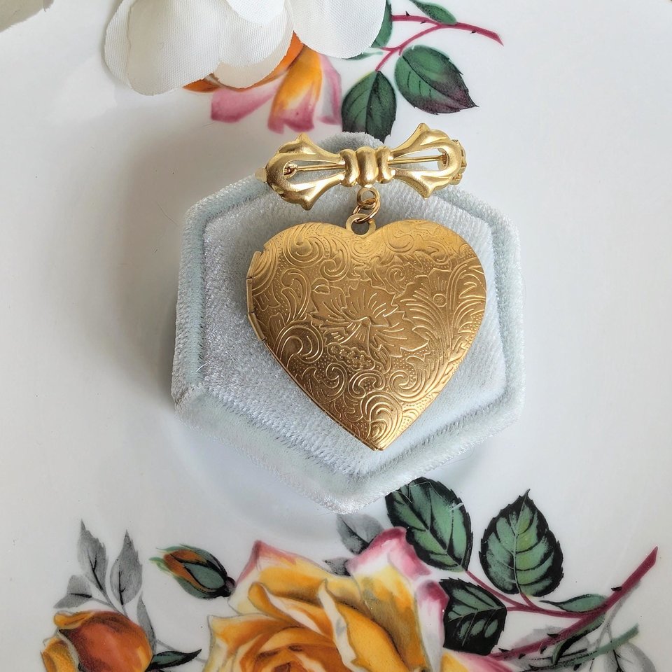 Brass Heart Locket Brooch: Floral Embossed Victorian Bridal Bouquet Keepsake