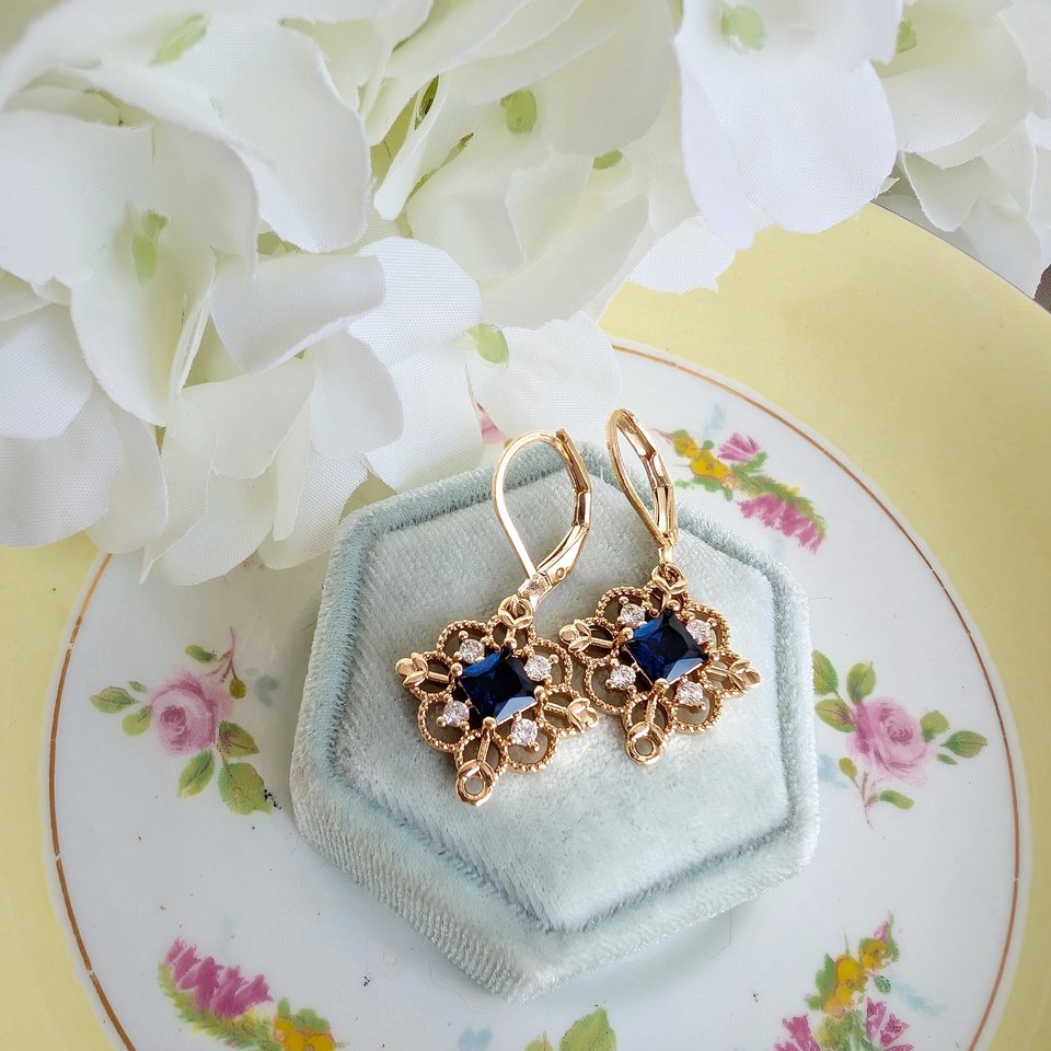 Gold Plated Filigree Dangle Earrings, Vintage Style Drop Earrings with Red, Green or Blue Cubic Zirconia