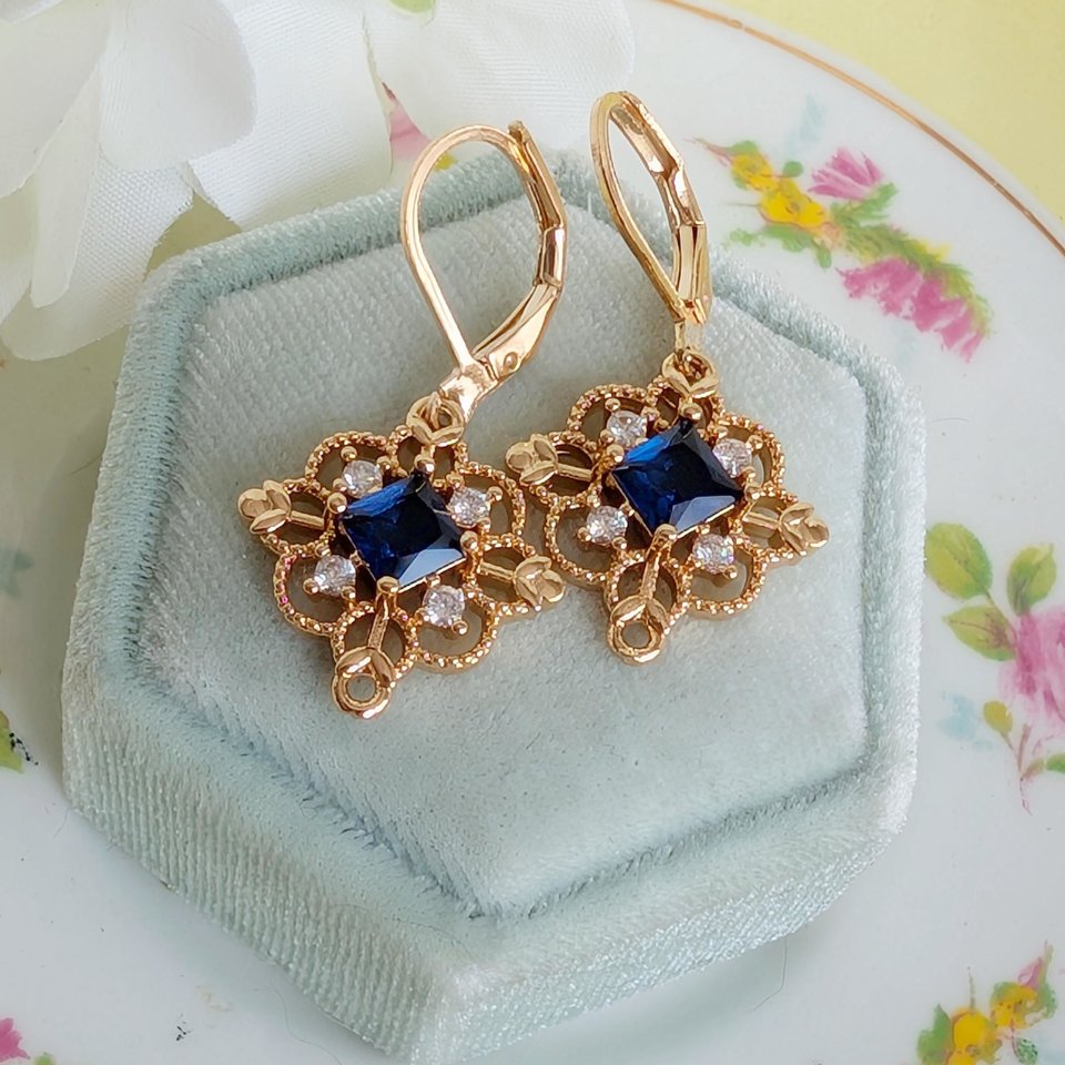 Gold Plated Filigree Dangle Earrings, Vintage Style Drop Earrings with Red, Green or Blue Cubic Zirconia