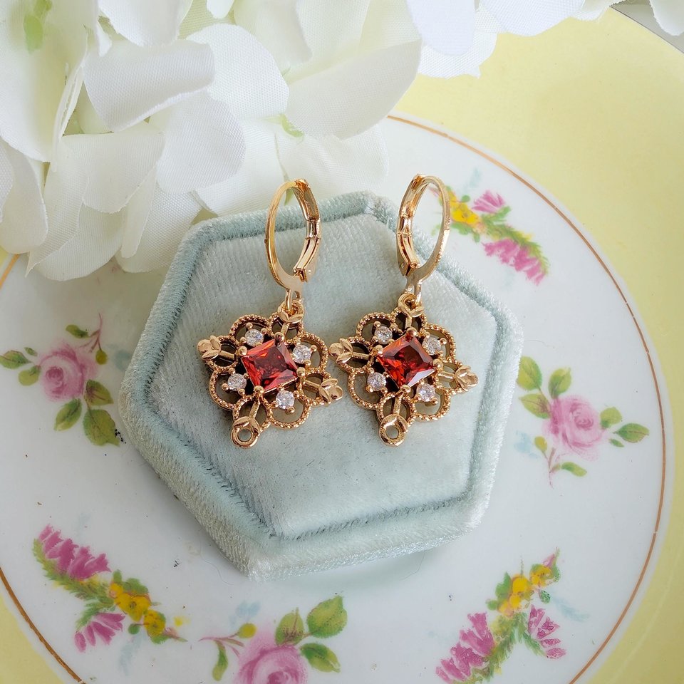 Gold Plated Filigree Dangle Earrings, Vintage Style Drop Earrings with Red, Green or Blue Cubic Zirconia