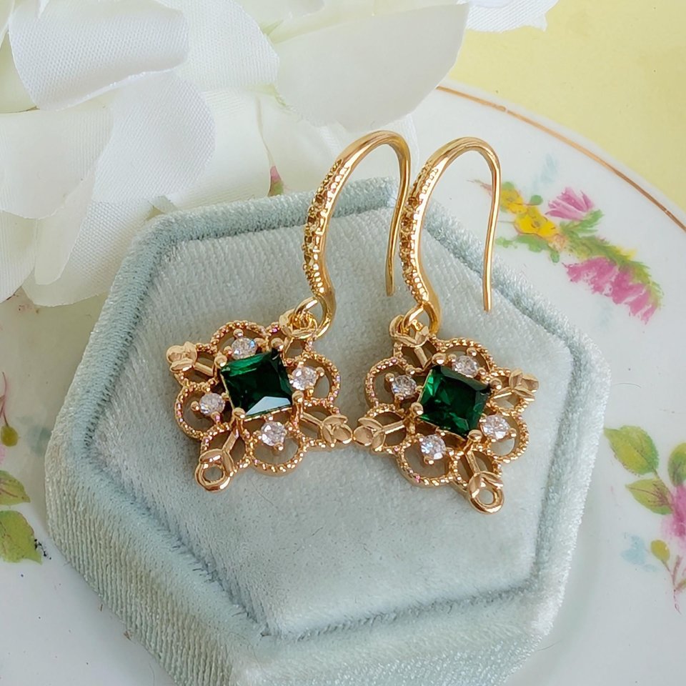 Gold Plated Filigree Dangle Earrings, Vintage Style Drop Earrings with Red, Green or Blue Cubic Zirconia