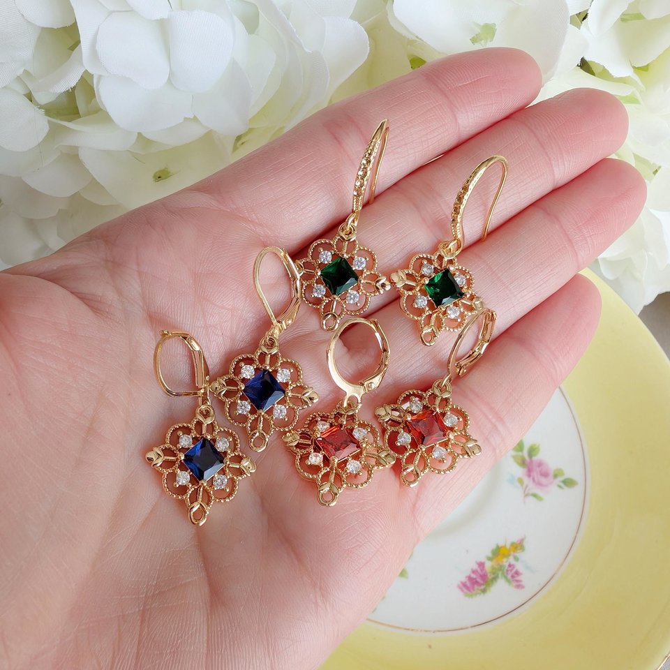Gold Plated Filigree Dangle Earrings, Vintage Style Drop Earrings with Red, Green or Blue Cubic Zirconia