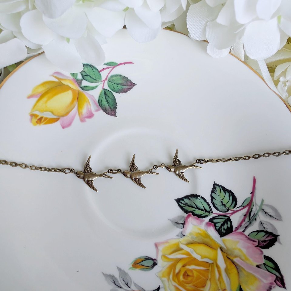 Bronze Swallow Bracelet, Dainty Trio of Flying Birds, Vintage Style Nature Jewelry