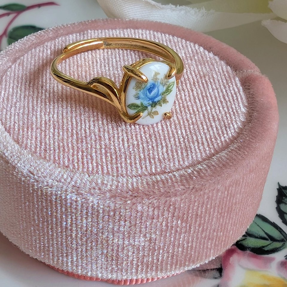 Blue Rose Ring in Gold Vermeil, Vintage Style Sterling Silver Jewelry Gift, Adjustable Size