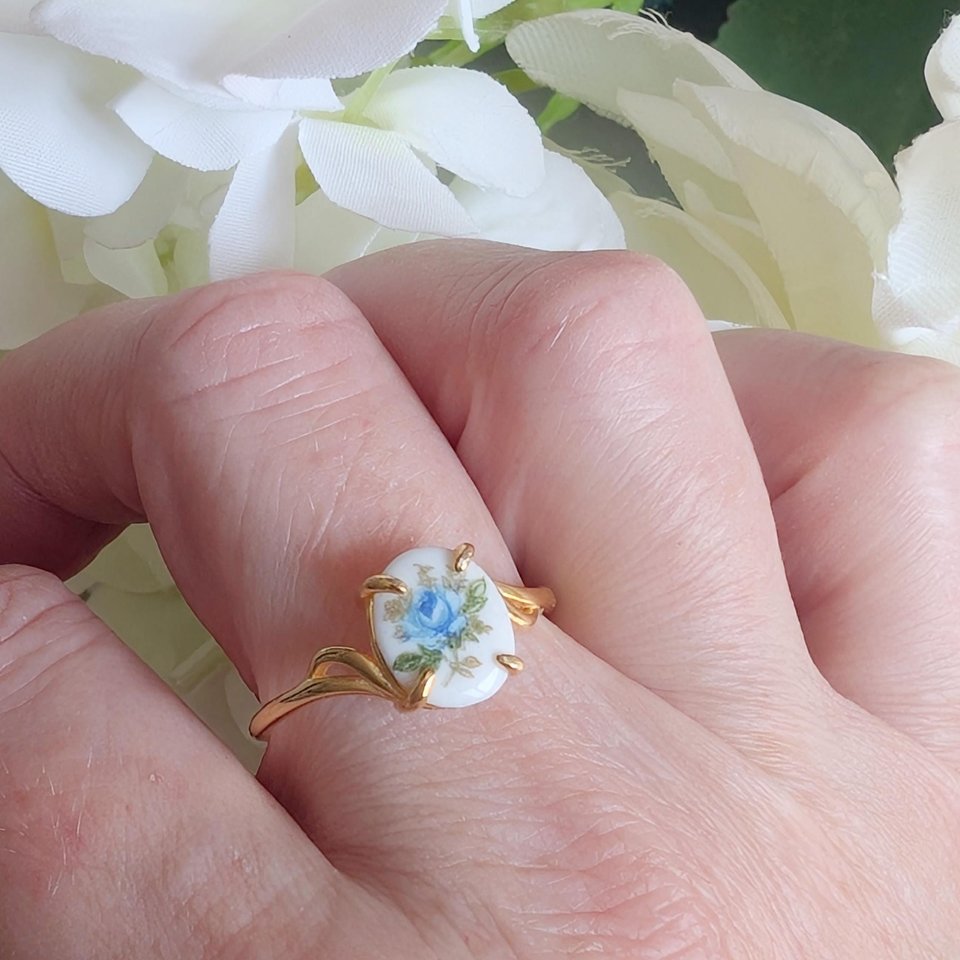 Blue Rose Ring in Gold Vermeil, Vintage Style Sterling Silver Jewelry Gift, Adjustable Size