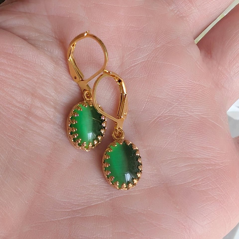 Gold Plated Crown Bezel Earrings with Green Cat’s Eye Stones, Elegant Vintage Inspired Jewelry