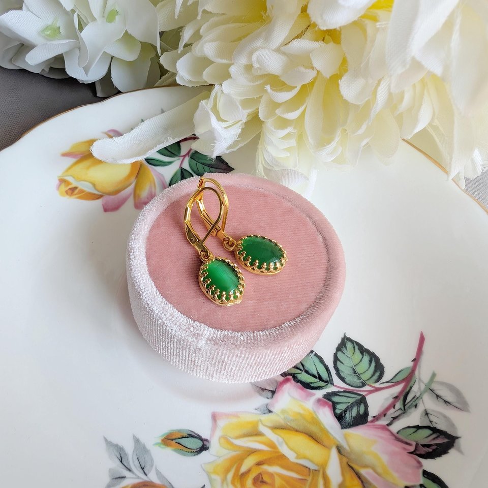 Gold Plated Crown Bezel Earrings with Green Cat’s Eye Stones, Elegant Vintage Inspired Jewelry