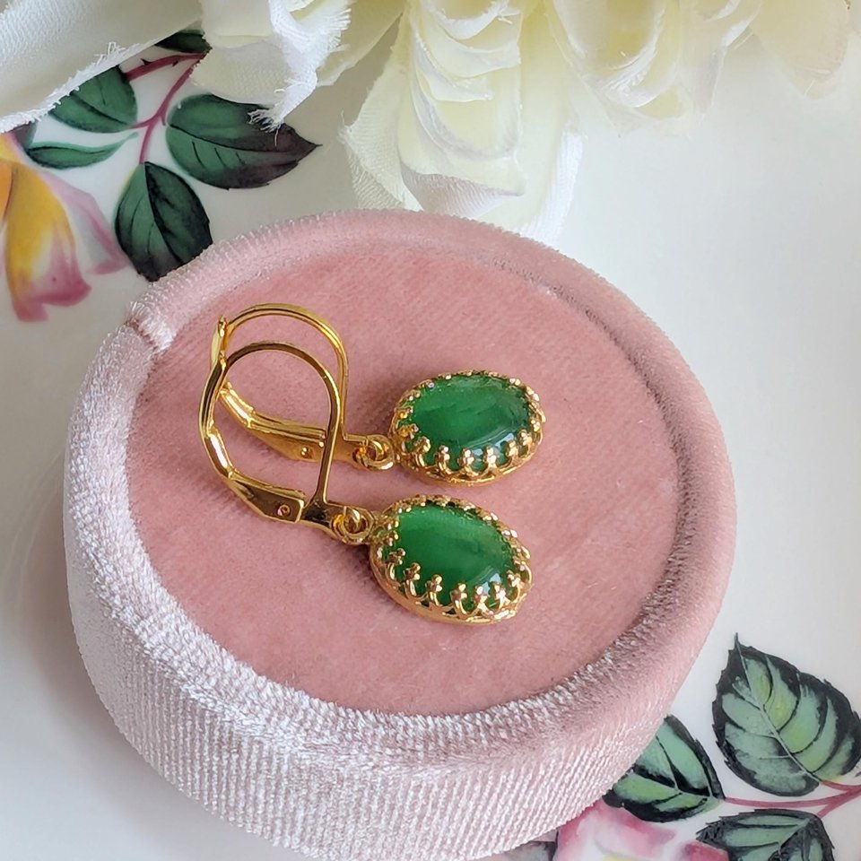 Gold Plated Crown Bezel Earrings with Green Cat’s Eye Stones, Elegant Vintage Inspired Jewelry