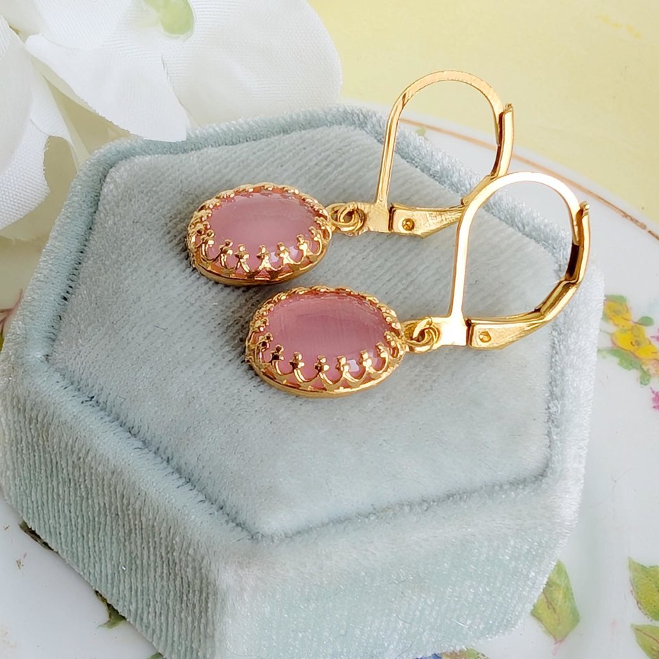 Gold Plated Crown Bezel Earrings with Pink Cat’s Eye Stones, Elegant Vintage Inspired Jewelry