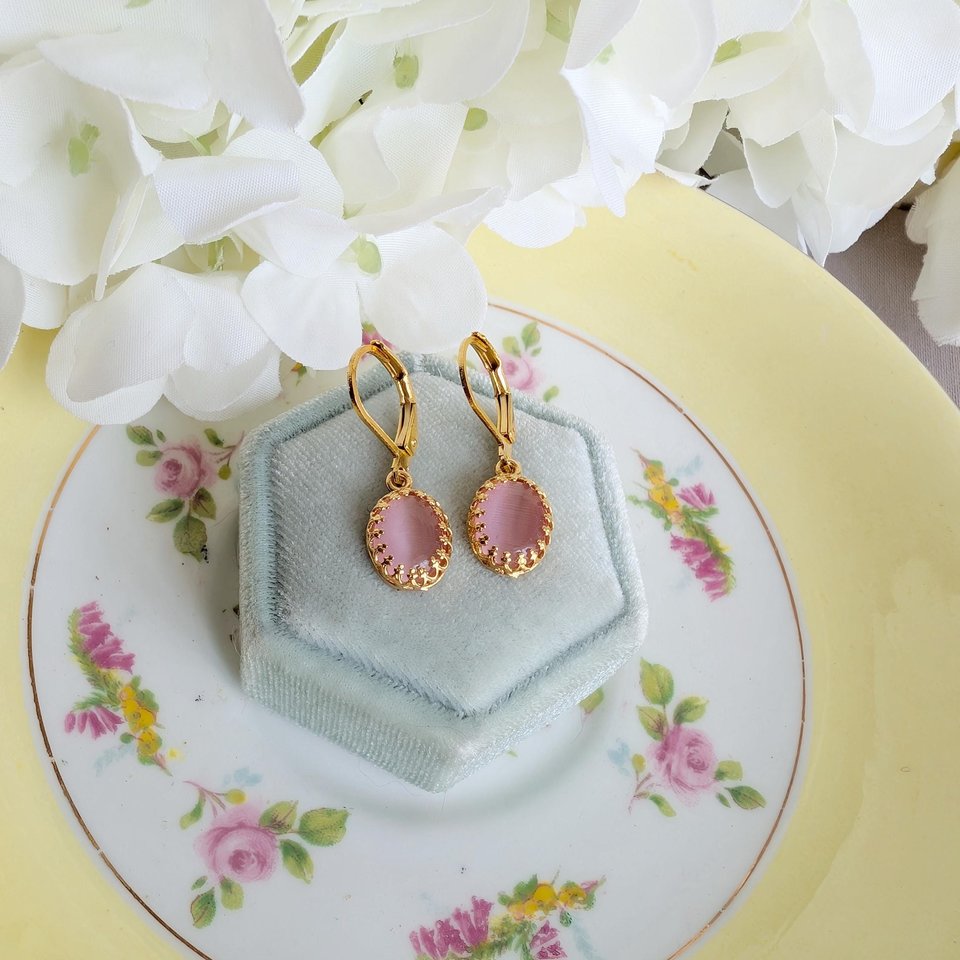 Gold Plated Crown Bezel Earrings with Pink Cat’s Eye Stones, Elegant Vintage Inspired Jewelry