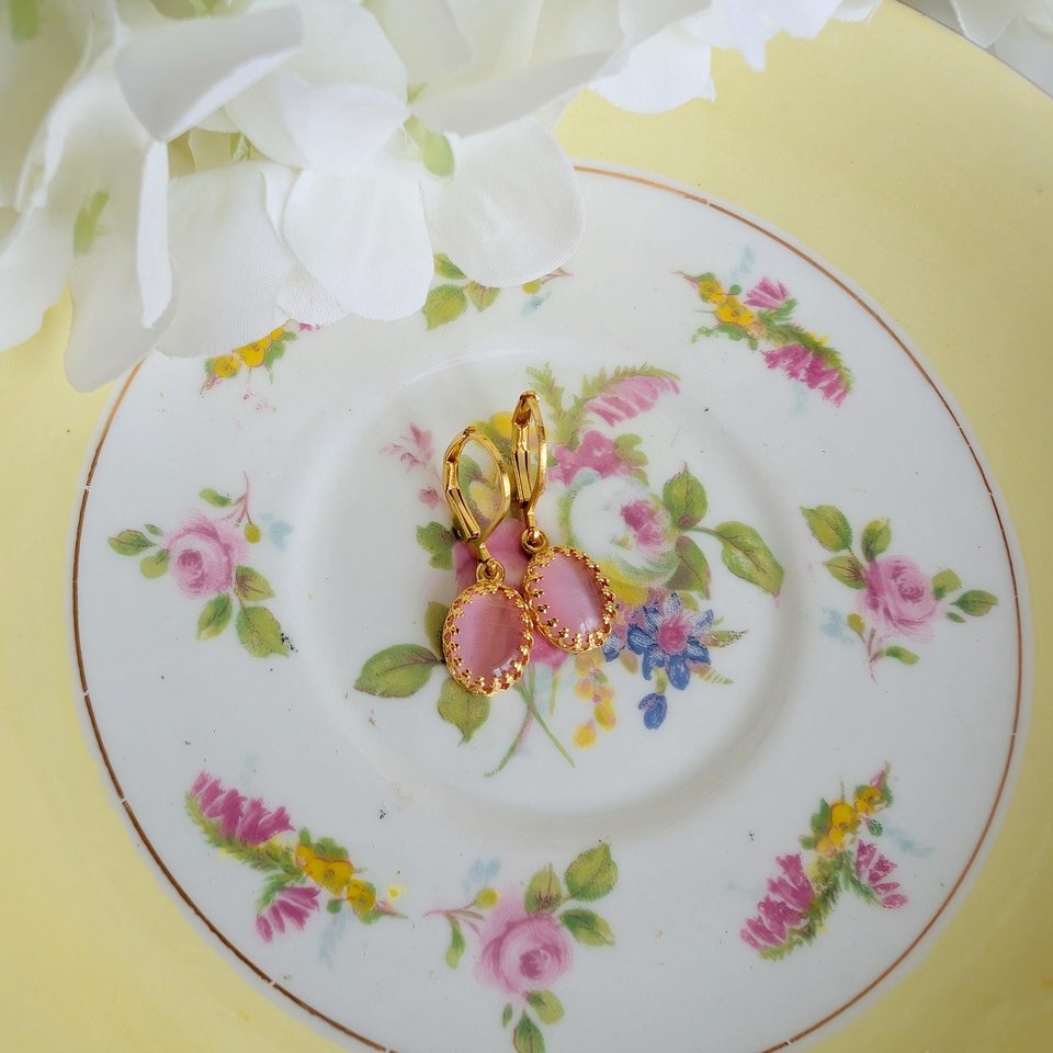 Gold Plated Crown Bezel Earrings with Pink Cat’s Eye Stones, Elegant Vintage Inspired Jewelry