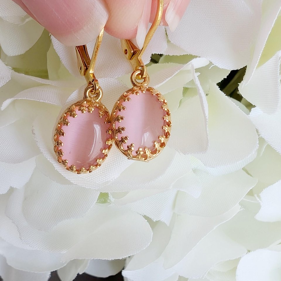 Gold Plated Crown Bezel Earrings with Pink Cat’s Eye Stones, Elegant Vintage Inspired Jewelry