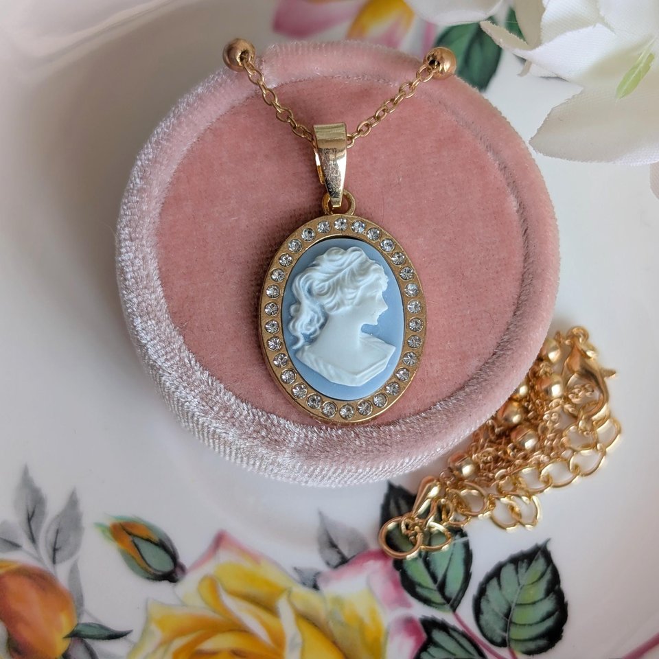 Gold Plated Cameo Necklace: Cubic Zirconia Halo, White on Blue Victorian Lady Pendant