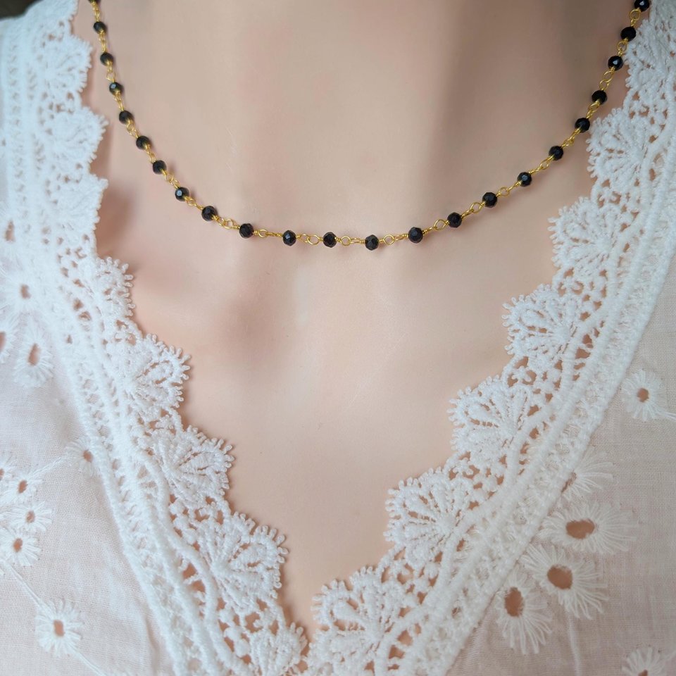 Black Beaded Rosary Chain Choker Necklace, Golden Brass Vintage Style Jewelry