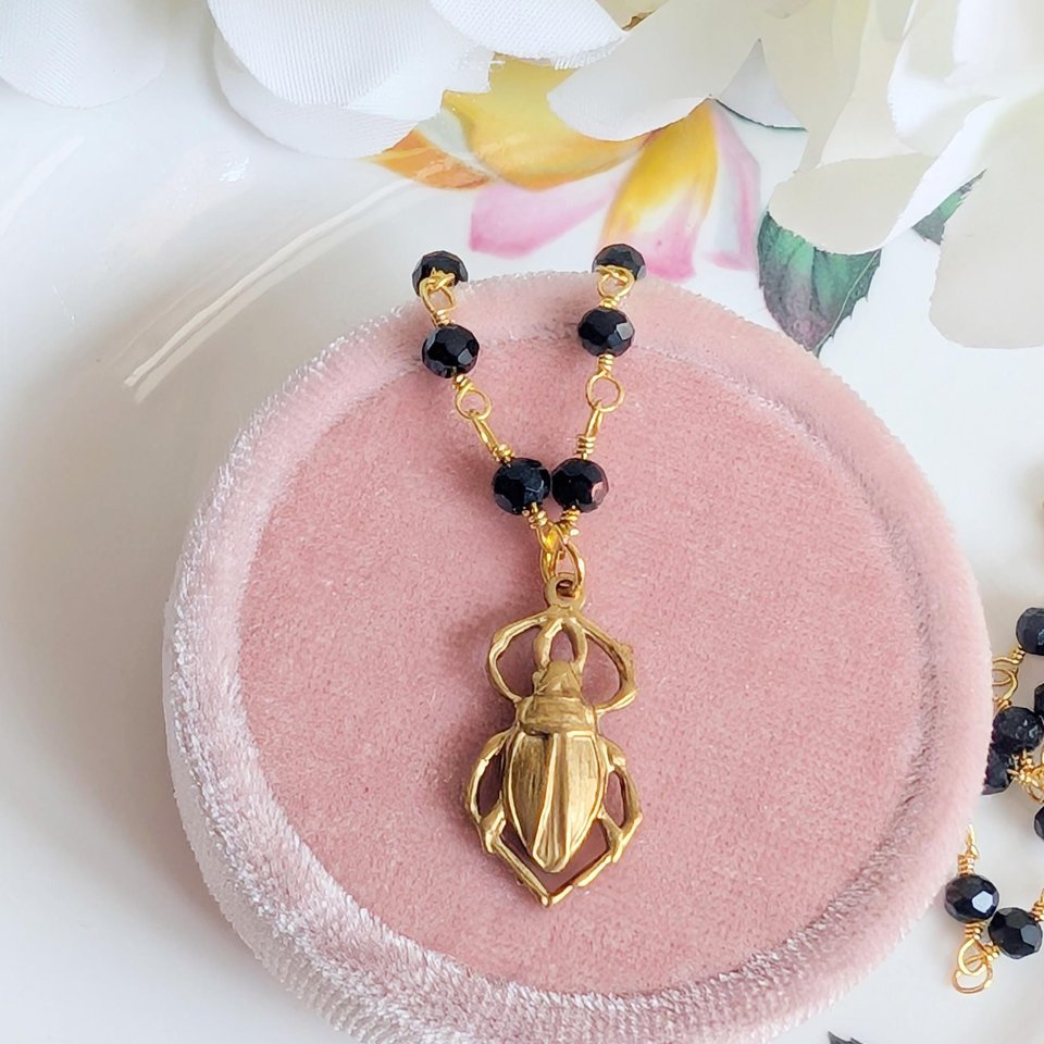 Golden Brass Scarab Pendant Choker, Black Beaded Rosary Chain Necklace, Vintage Style Jewelry