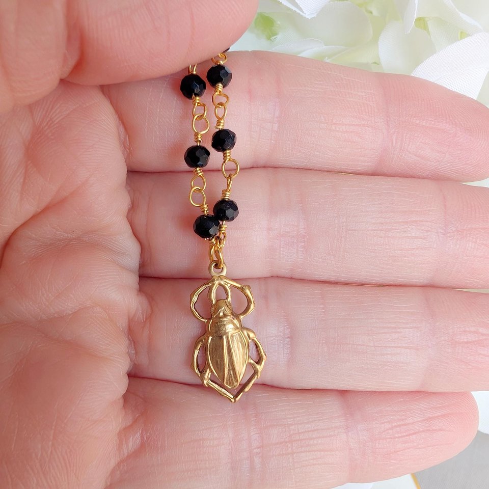 Golden Brass Scarab Pendant Choker, Black Beaded Rosary Chain Necklace, Vintage Style Jewelry
