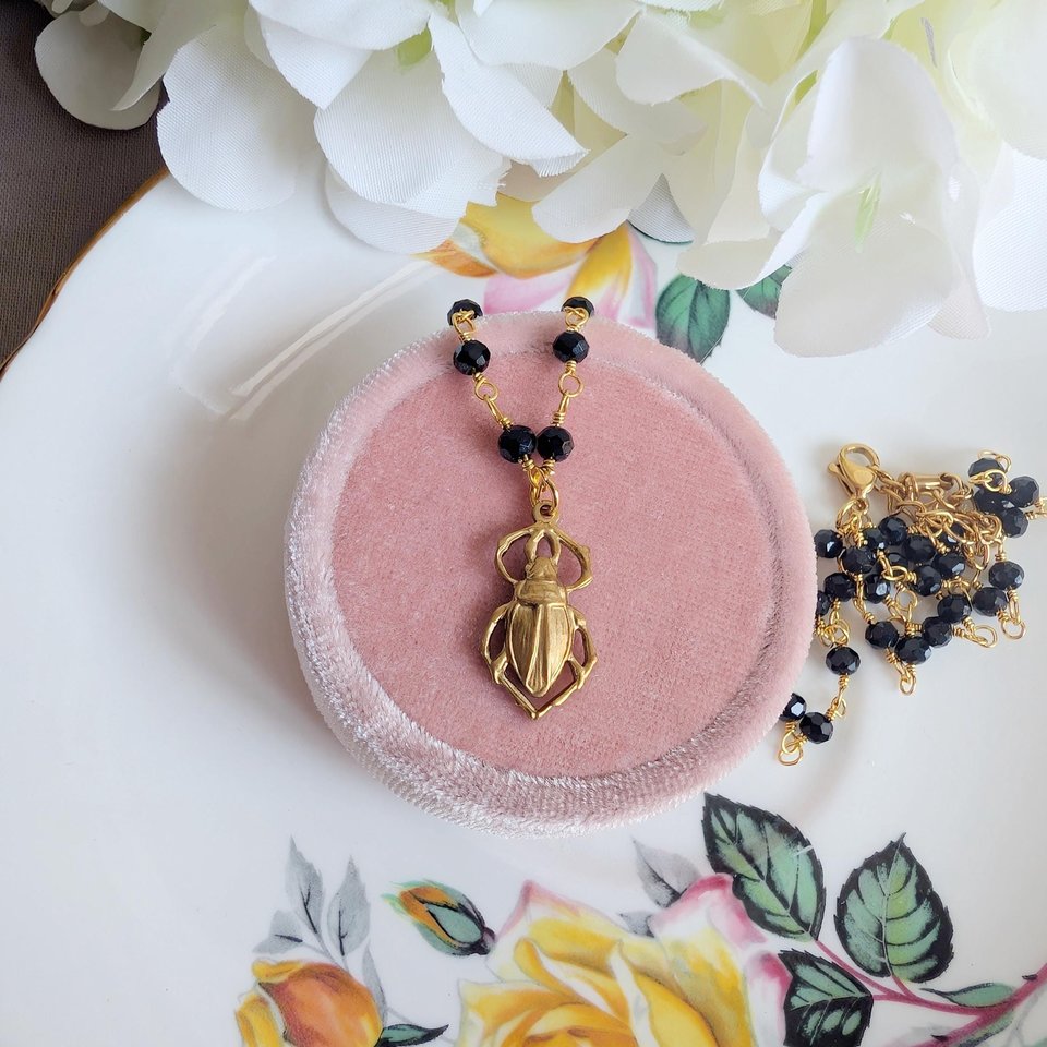 Golden Brass Scarab Pendant Choker, Black Beaded Rosary Chain Necklace, Vintage Style Jewelry