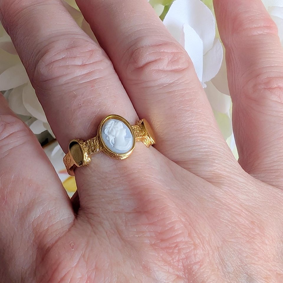Victorian Style Cameo Ring: Adjustable Gold Brass Statement Jewelry