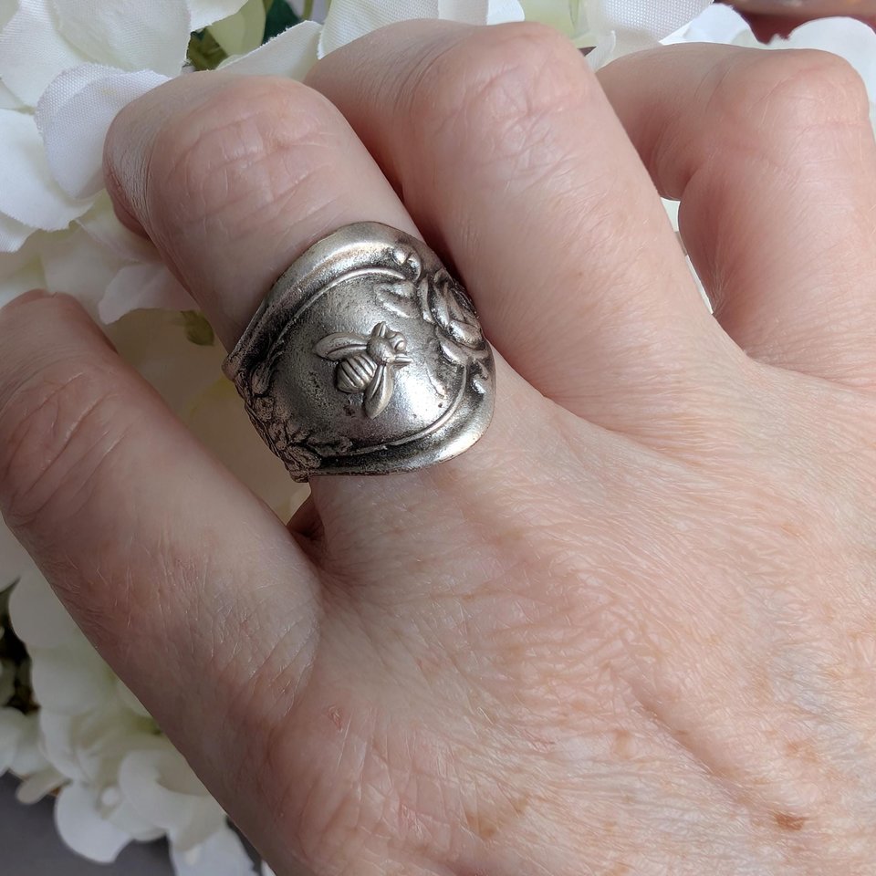 Silver Plated Spoon Ring: Bee & Flower, Adjustable Boho Ring