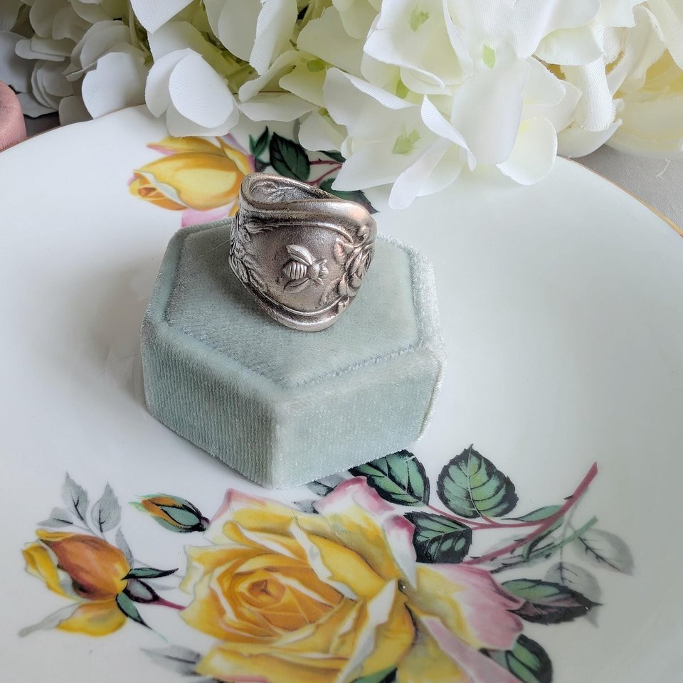 Silver Plated Spoon Ring: Bee & Flower, Adjustable Boho Ring