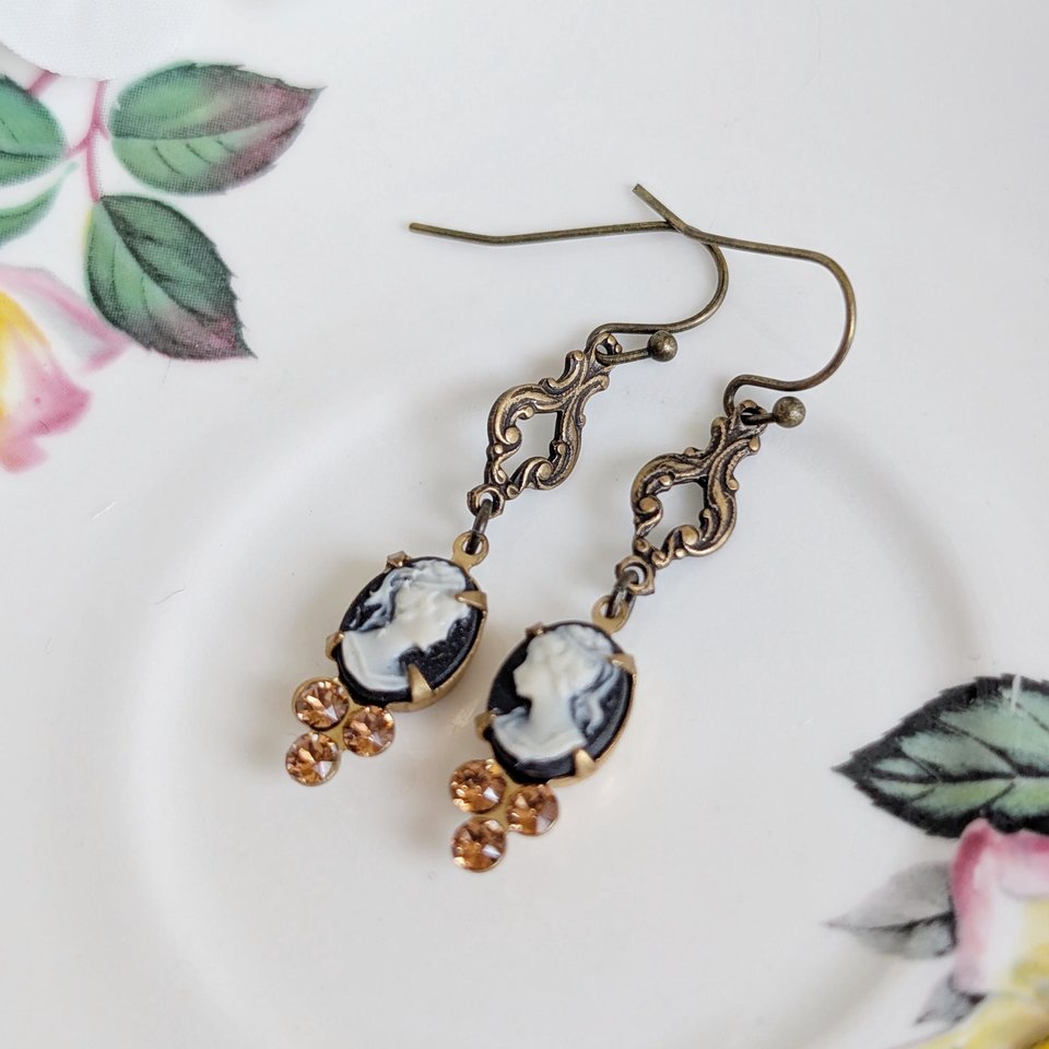 Victorian Style Cameo Earrings, White on Black with Antiqued Brass and Cognac Crystal Accents