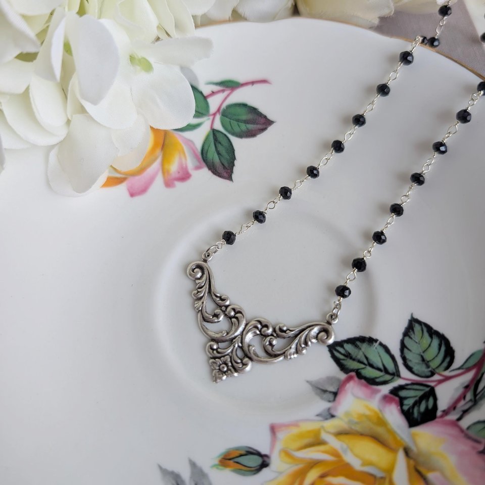 Silver Filigree Choker Necklace – Black Beaded Rosary Chain, Vintage Gothic Style Jewelry