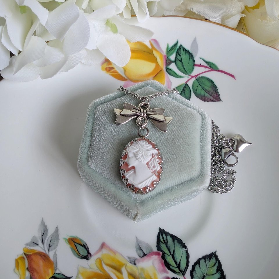 Stainless Steel Cameo Pendant Necklace – White on Pink Lady Cameo with Bow Connector, Vintage Style Jewelry