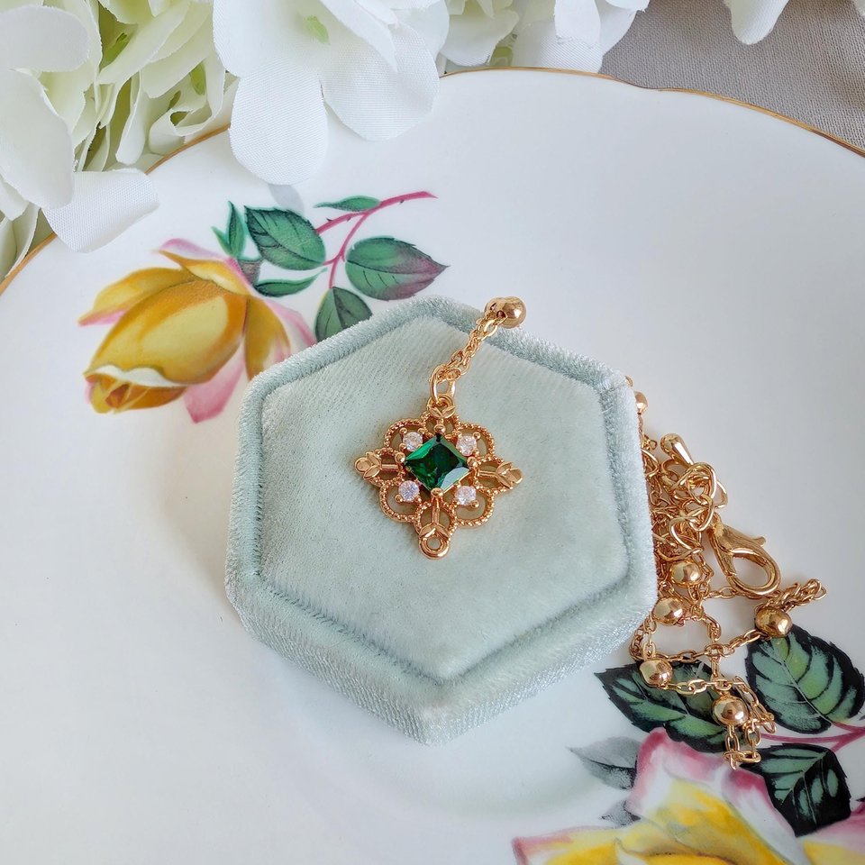 Gold Plated Filigree Necklace, Vintage Style Pendant with Red, Green or Blue Cubic Zirconia, Victorian Jewelry Gift for Bridesmaid