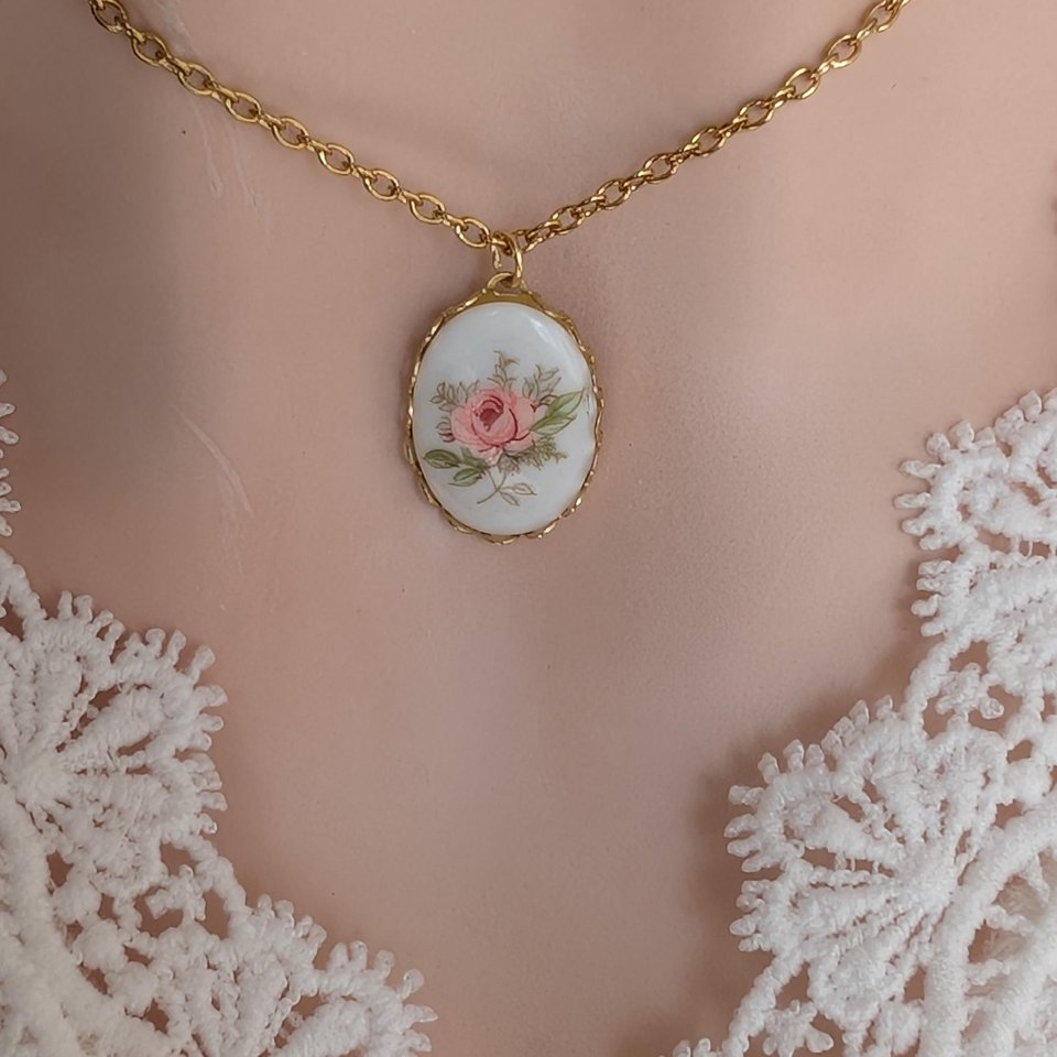 Regency Pink Rose Necklace, Vintage Inspired, Historical Costume Jewelry