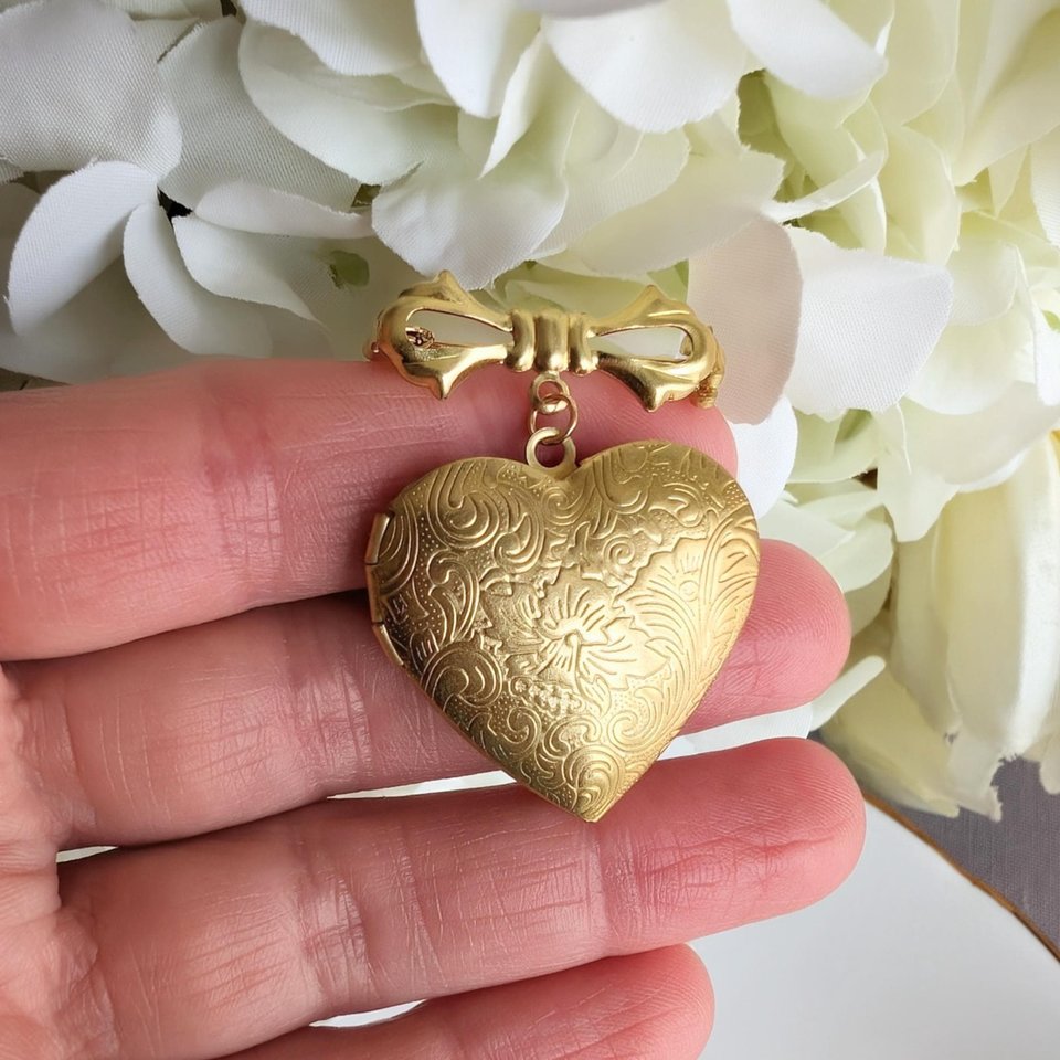 Brass Heart Locket Brooch: Floral Embossed Victorian Bridal Bouquet Keepsake