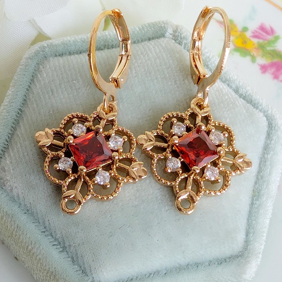 Gold Plated Filigree Dangle Earrings, Vintage Style Drop Earrings with Red, Green or Blue Cubic Zirconia