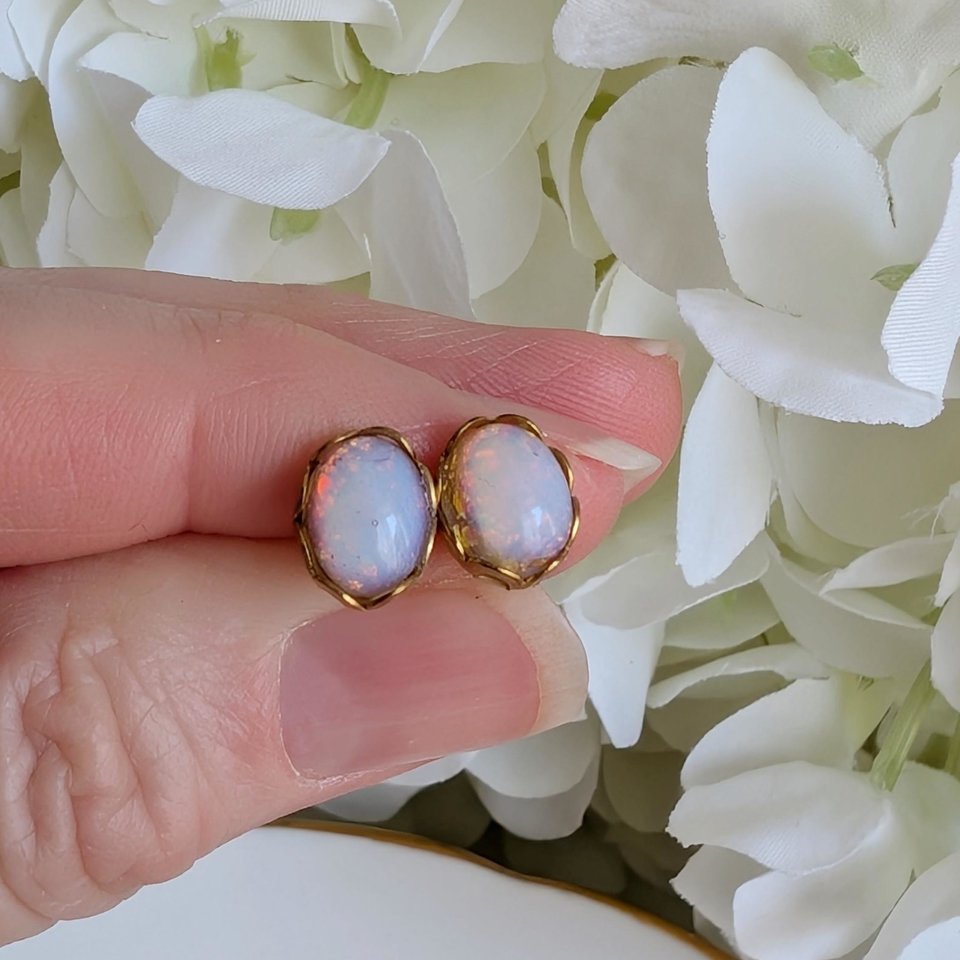 Vintage Glass Opal Stud Earrings – Milky White Pink Hues in Golden Brass Lacy Bezel