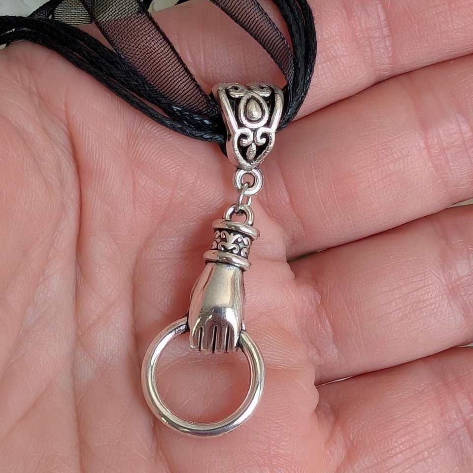 Silver Hand Choker Necklace – Vintage Style Pendant on Black Organza Ribbon, Gothic Victorian Jewelry