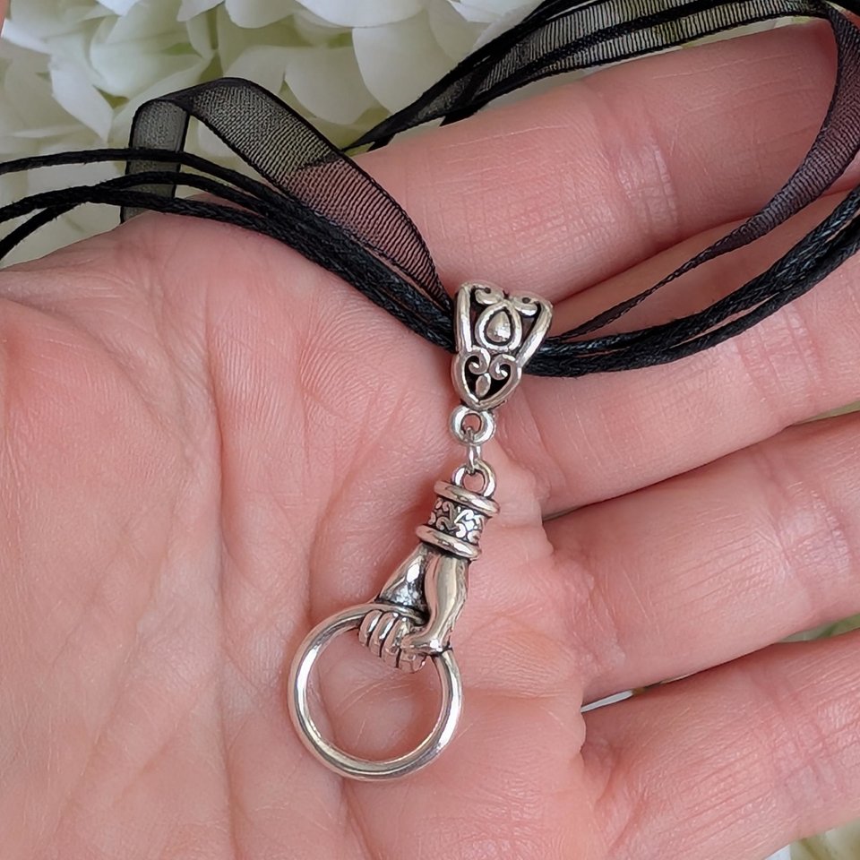 Silver Hand Choker Necklace – Vintage Style Pendant on Black Organza Ribbon, Gothic Victorian Jewelry