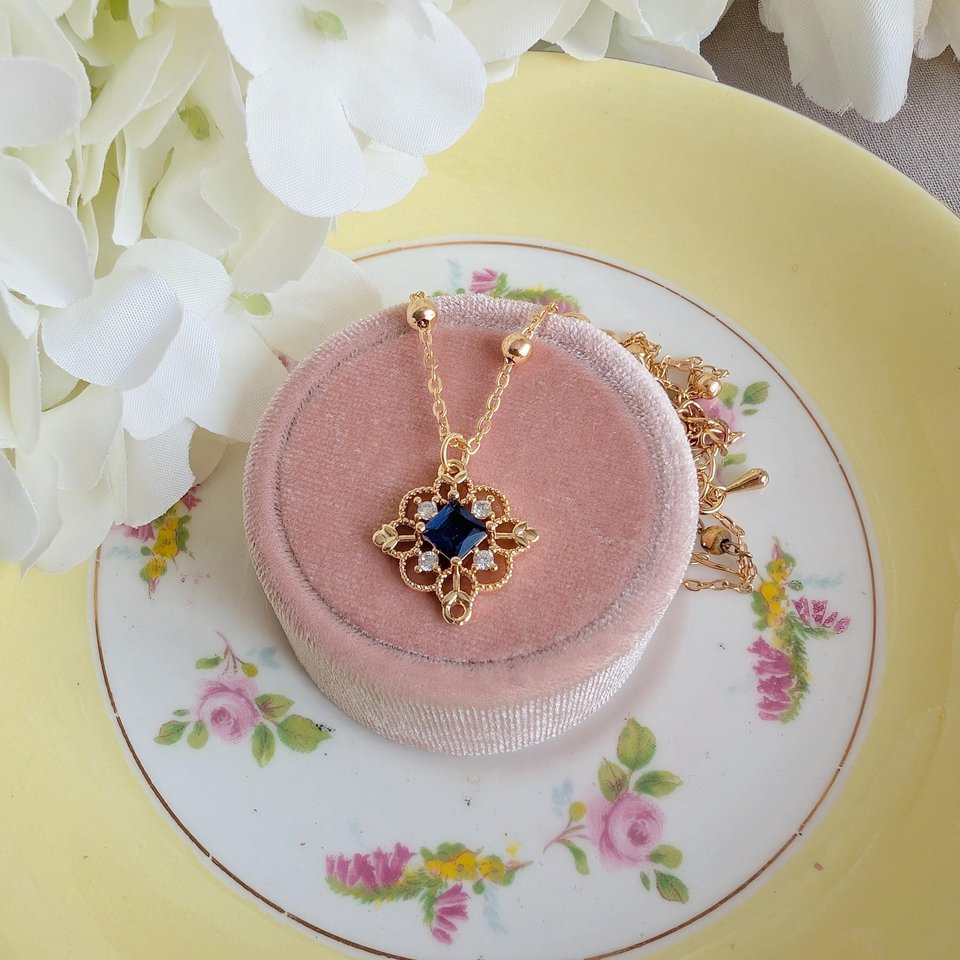 Gold Plated Filigree Necklace, Vintage Style Pendant with Red, Green or Blue Cubic Zirconia, Victorian Jewelry Gift for Bridesmaid