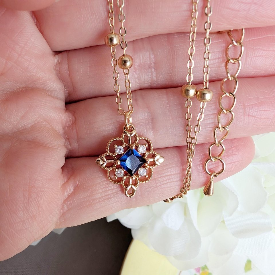 Gold Plated Filigree Necklace, Vintage Style Pendant with Red, Green or Blue Cubic Zirconia, Victorian Jewelry Gift for Bridesmaid