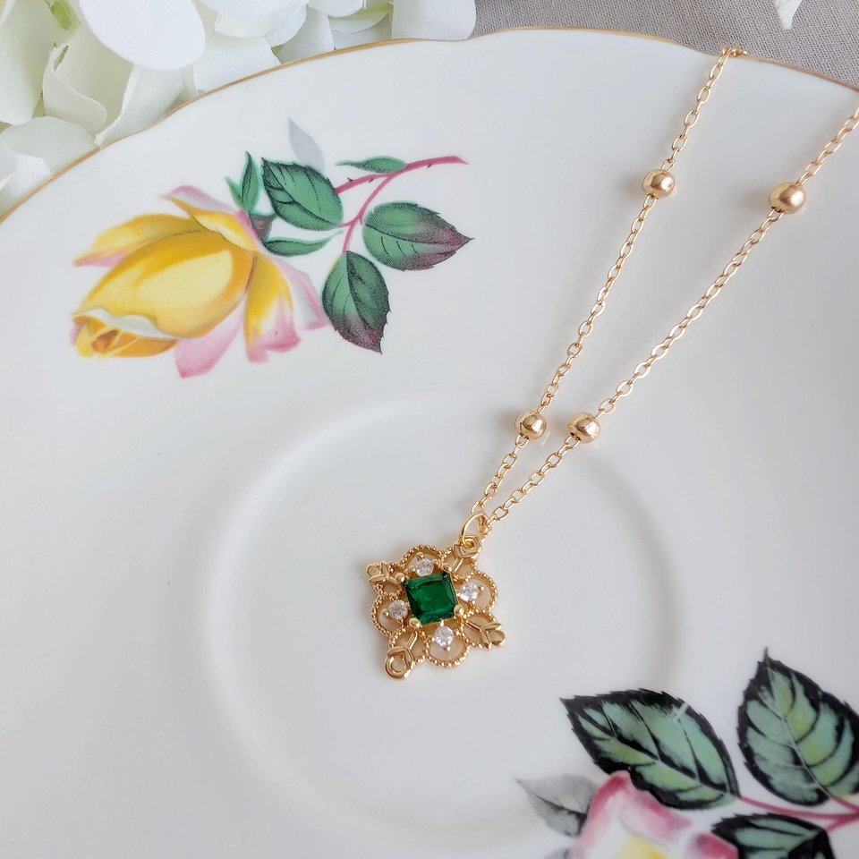 Gold Plated Filigree Necklace, Vintage Style Pendant with Red, Green or Blue Cubic Zirconia, Victorian Jewelry Gift for Bridesmaid