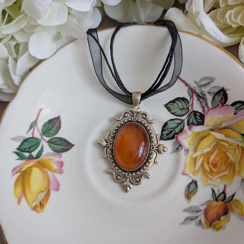 Carnelian Choker Necklace – Oval Stone Pendant in Silver Gothic Setting on Black Organza Ribbon