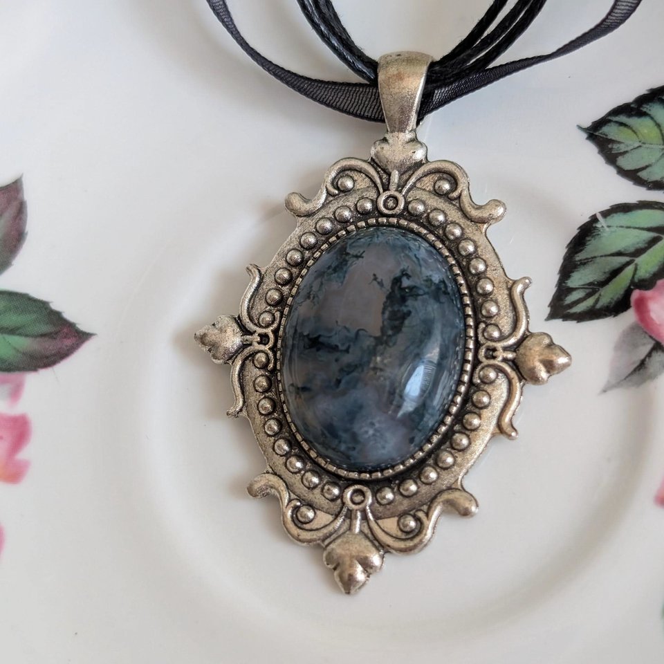 Carnelian Choker Necklace – Oval Stone Pendant in Silver Gothic Setting on Black Organza Ribbon