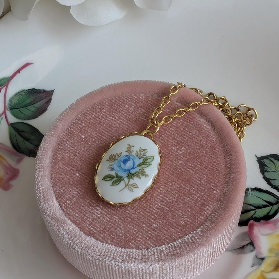 Regency Blue Rose Necklace, Vintage Inspired, Historical Costume Jewelry