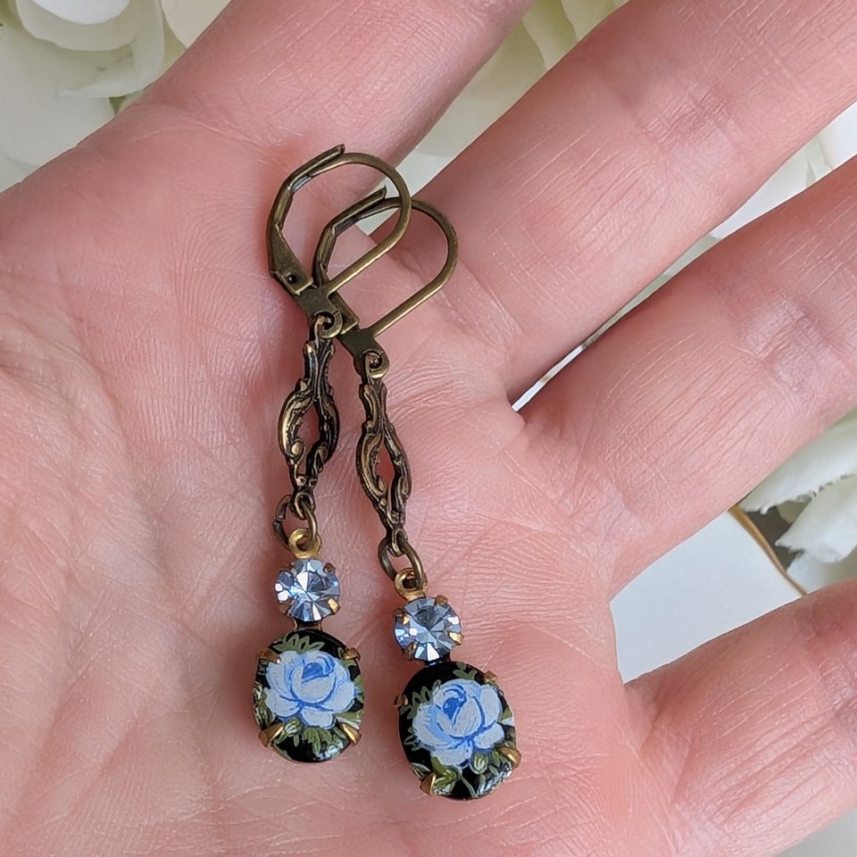 Blue Flower Limoges Style Earrings – Antiqued Brass with Czech Crystal Accents, Victorian Jewelry for Historical Fiction Lover