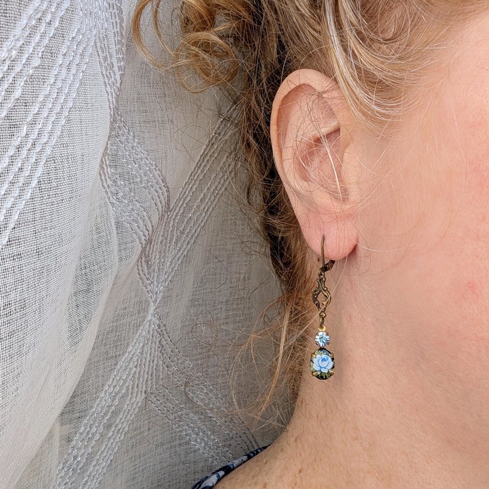 Blue Flower Limoges Style Earrings – Antiqued Brass with Czech Crystal Accents, Victorian Jewelry for Historical Fiction Lover