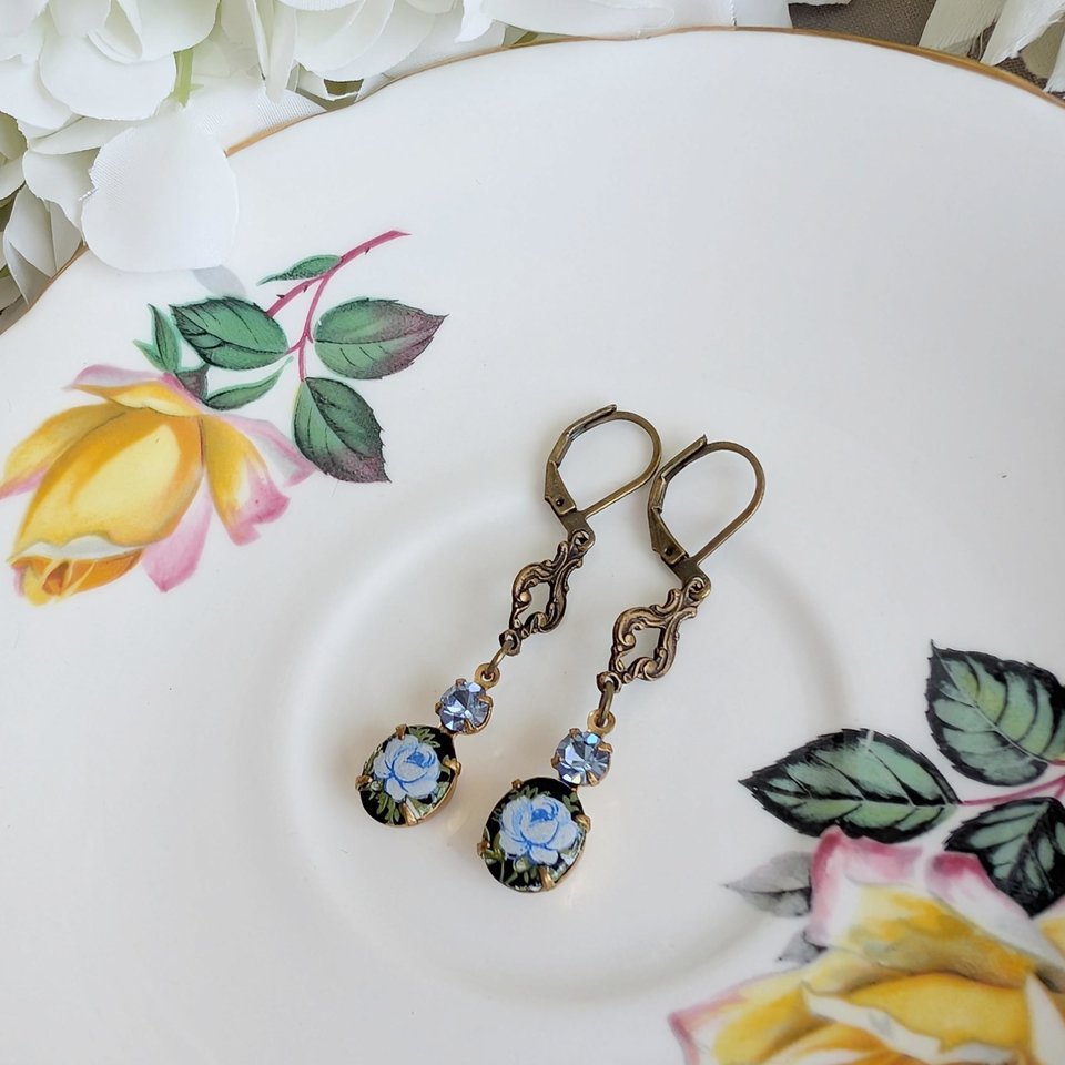 Blue Flower Limoges Style Earrings – Antiqued Brass with Czech Crystal Accents, Victorian Jewelry for Historical Fiction Lover