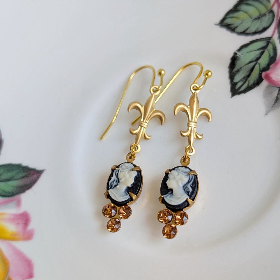 Victorian Style Cameo Earrings, White on Black with Fleur de Lis and Cognac Crystal Accents