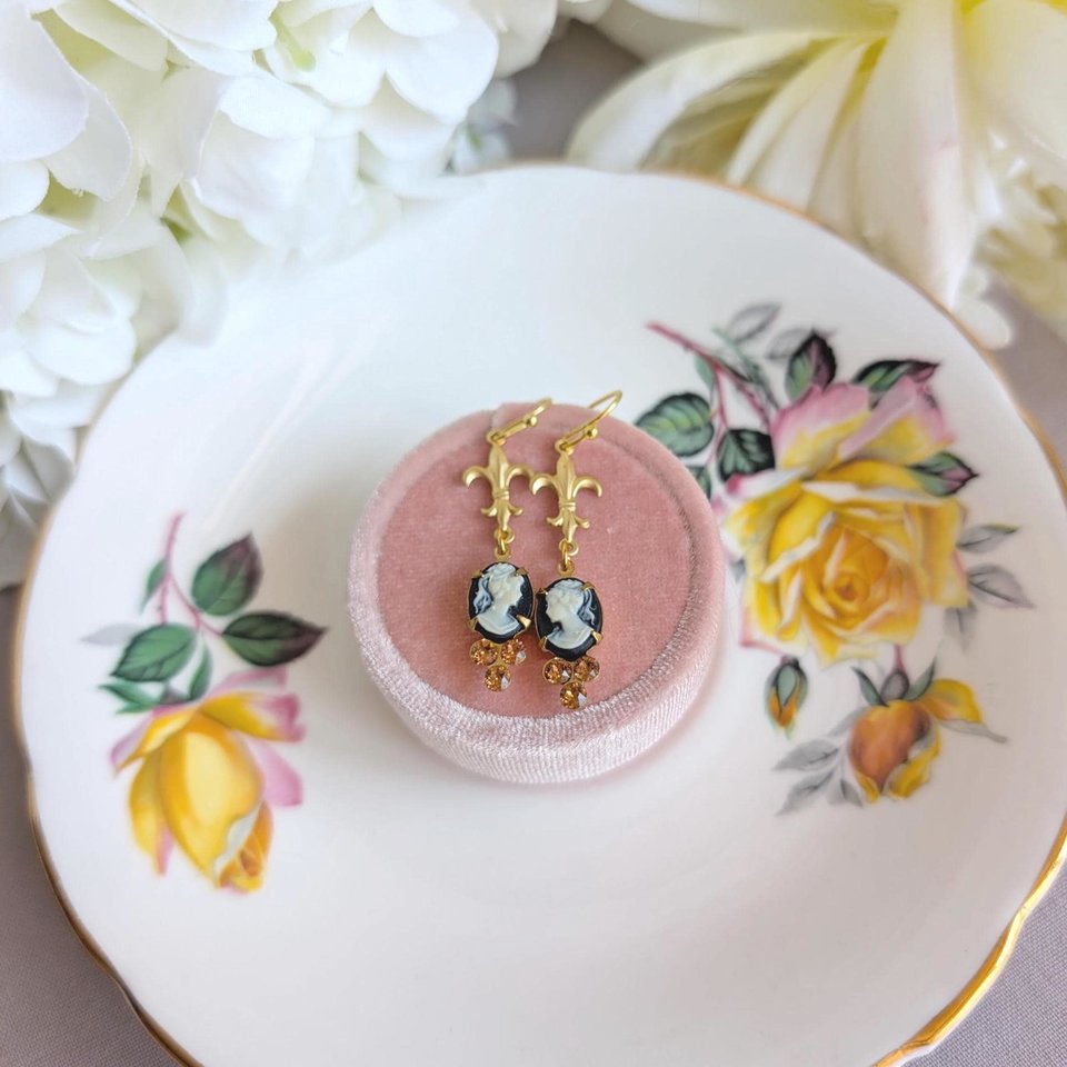 Victorian Style Cameo Earrings, White on Black with Fleur de Lis and Cognac Crystal Accents