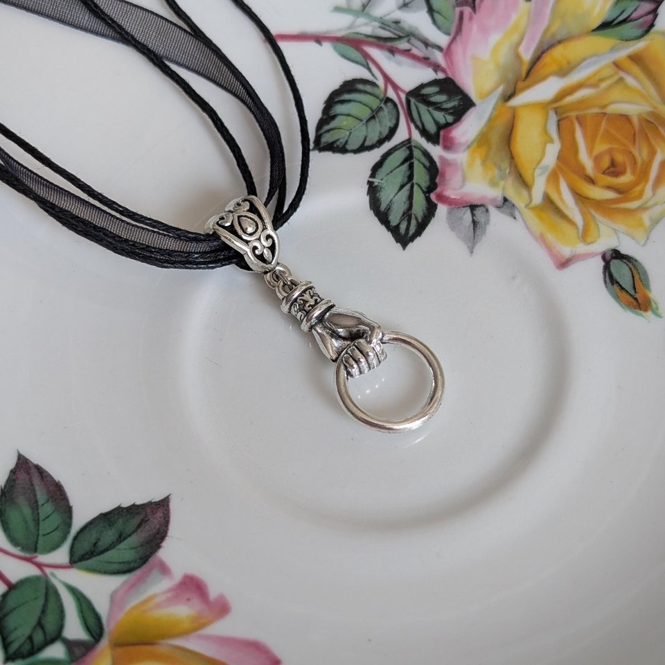 Silver Hand Choker Necklace – Vintage Style Pendant on Black Organza Ribbon, Gothic Victorian Jewelry