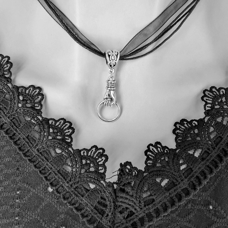 Silver Hand Choker Necklace – Vintage Style Pendant on Black Organza Ribbon, Gothic Victorian Jewelry