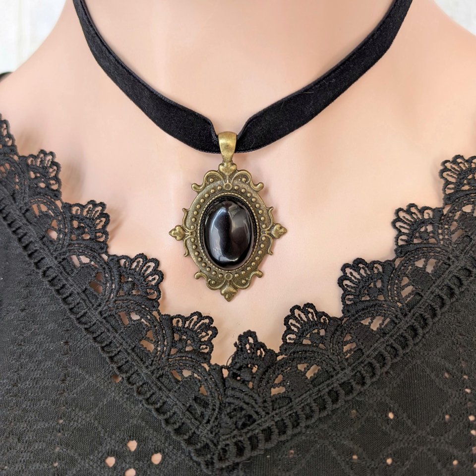 Black Obsidian Gothic Choker Necklace – Oval Stone Pendant in Bronze or Silver Vintage Setting on Black Velvet Ribbon